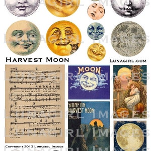 HARVEST MOON faces digital collage sheet, vintage images, sheet music song autumn fall Victorian antique printables cards, Ephemera DOWNLOAD