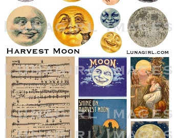 HARVEST MOON faces digital collage sheet, vintage images, sheet music song autumn fall Victorian antique printables cards, Ephemera DOWNLOAD