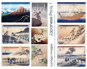 JAPANESE ART digital collage sheet, antique vintage images Asian prints landscape Fuji birds boat nature cards altered art ephemera DOWNLOAD