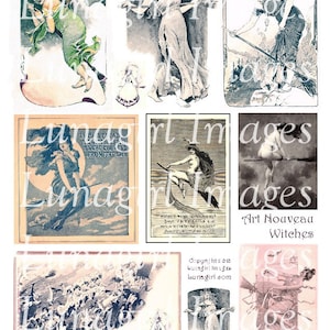 JUGENDSTIL HEXEN Collage Sheet, Vintage Bilder Halloween Viktorianisch Risque Hexen Besen, antike Bilder Ephemera Download