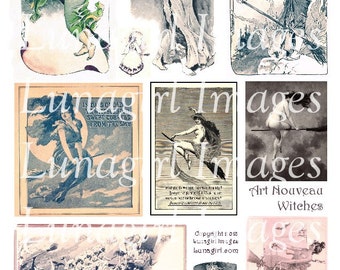 ART NOUVEAU WITCHES digital collage sheet, vintage images Halloween Victorian risque witches broomstick, antique pictures ephemera Download