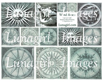 COMPASS ROSES digital collage sheet, Turquoise blue green, vintage images mandala art sun Winds medieval steampunk antique ephemera DOWNLOAD