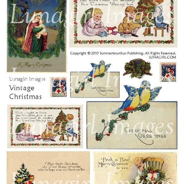 VINTAGE CHRISTMAS digital collage sheet, 40s 50s holidays postcards antique stamps tags, mid-century retro art, children bluebirds, DOWNLOAD