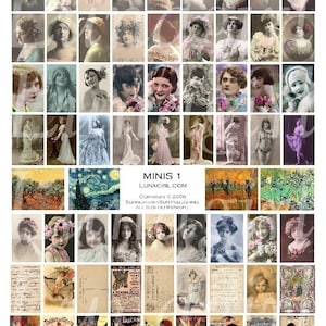 May include: A collage of vintage images featuring women in hats and dresses, along with art prints and advertisements. The images are in sepia tones, with text that reads "MINIS 1 LUNACIRL.COM" and copyright information.