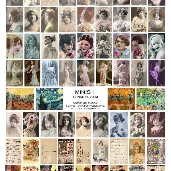 MINIS digital collage sheet, VINTAGE images, jewelry charms small tiles, Victorian women girls flappers photos altered art Ephemera DOWNLOAD