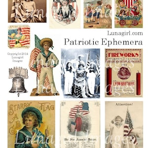 PATRIOTIC EPHEMERA digital collage sheet, July Fourth Victorian Vintage Images Cards American Flags Fireworks Kids Independence Day DOWNLOAD