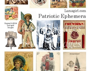PATRIOTIC EPHEMERA digital collage sheet, July Fourth Victorian Vintage Images Cards American Flags Fireworks Kids Independence Day DOWNLOAD