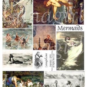 VICTORIAN MERMSILS digitale Collage Blatt Vintage Bilder Wasserhaus Kunst Fantasy Meer Nymphen Ozean Sirenen Antike Märchen Ephemera DOWNLOAD