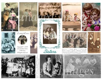 SISTERS digital collage sheet, Vintage Photos, Victorian women ladies girls friends, altered art ephemera, vintage images postcards DOWNLOAD