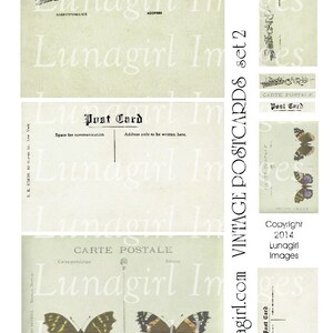 Garden Green VINTAGE POSTCARDS digital collage sheet, Carte Postale backgrounds butterflies, French ephemera altered art printables DOWNLOAD