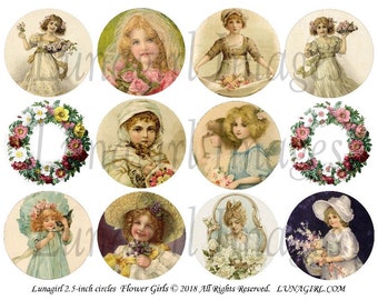 FLOWER GIRLS digital collage sheet, 2.5-inch Circles, Vintage images Victorian Children, Artist Trading Coins, mirrors art ephemera DOWNLOAD