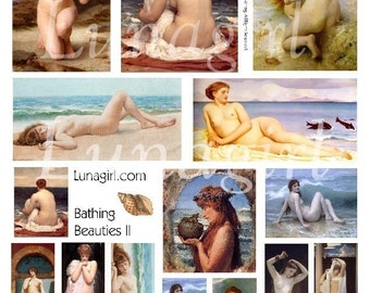 Bathing Beauties NUDES digitial collage sheet, Victorian ART women Venus sea goddess sirens ocean, PreRaphaelite paintings Ephemera DOWNLOAD