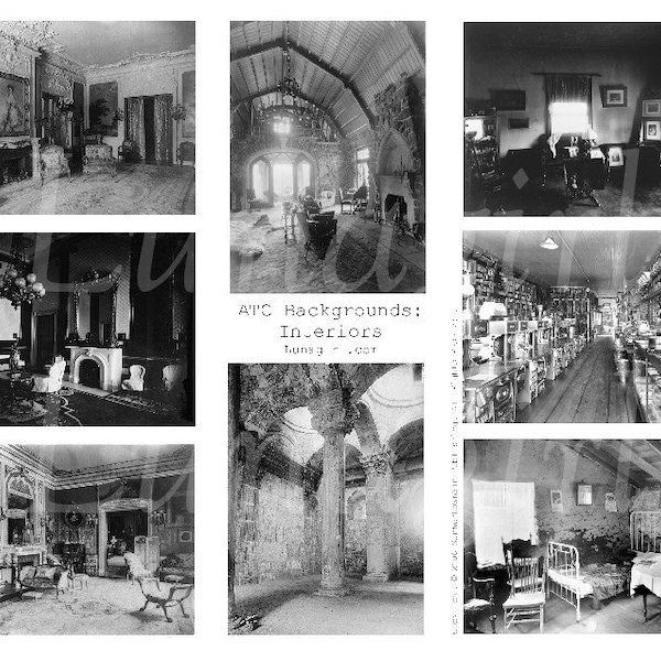 INTERIORS digital collage sheet, VINTAGE photos, AtC backgrounds gothic steampunk, antique empty rooms spooky, altered art ephemera DOWNLOAD