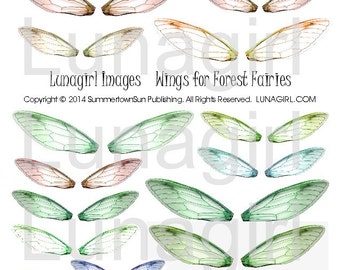 FAIRY WINGS digital collage sheet, dragonfly jewelry, altered art fairies, printable ephemera, woodland forest faerie, green brown, DOWNLOAD