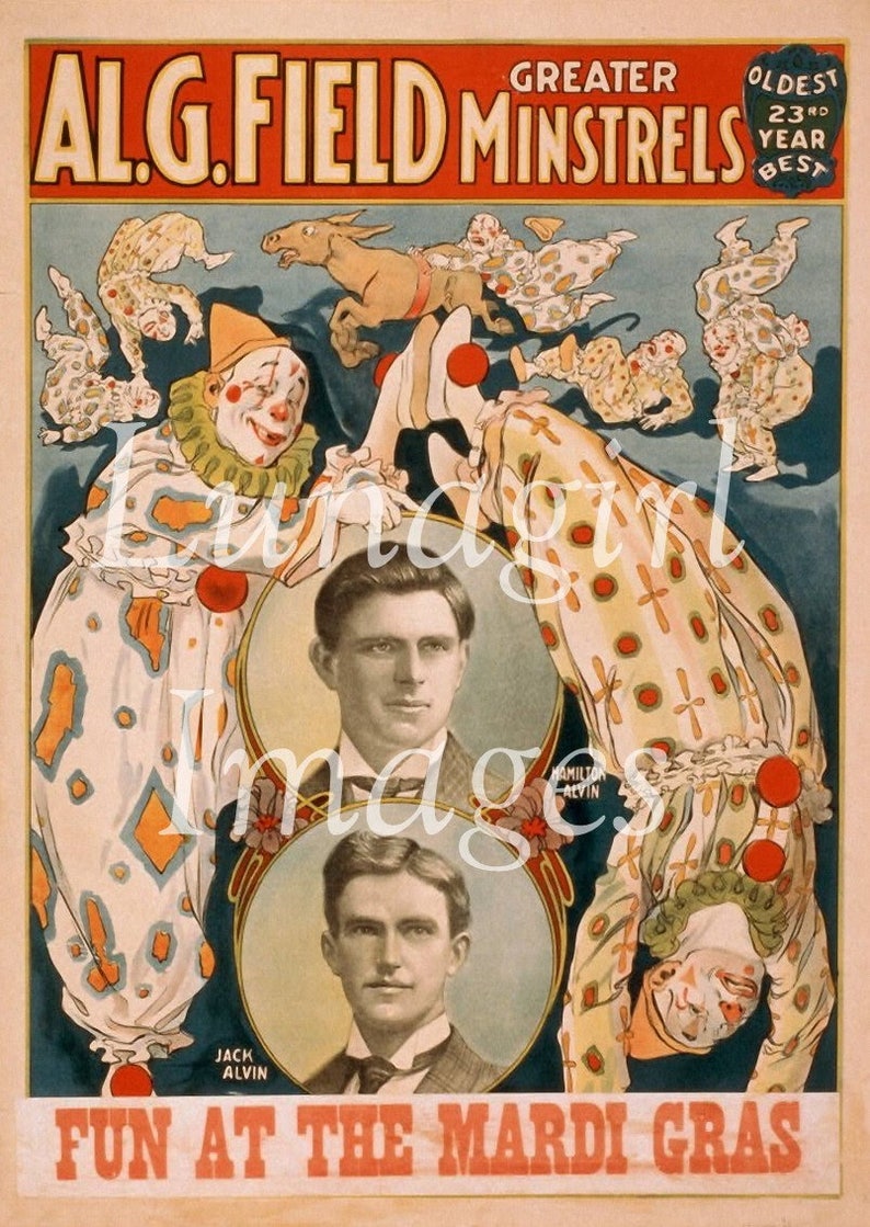 Pu&ograve; includere: Poster vintage per Alg Field's Greater Minstrels, con clown e ritratti. Il poster ha una combinazione di colori rosso e crema con la scritta "Fun at the Mardi Gras". I clown indossano costumi colorati.
