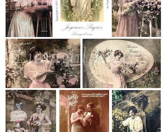 Vintage FRENCH EASTER digital collage sheet, Victorian Ladies, Girls Eggs Flowers, vintage photos postcards, antique art, Ephemera DOWNLOAD