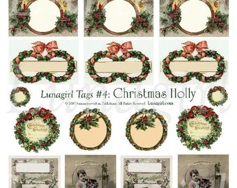 Victorian CHRISTMAS HOLLY Tags Labels digital collage sheet vintage printables photos postcards holidays gift tags wreaths ephemera DOWNLOAD