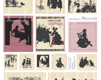 PRINCESS hoja de collage digital, cuentos de hadas fantasía mágica siluetas imágenes vintage ilustración arte victoriano chicas rosa efímera DESCARGAR