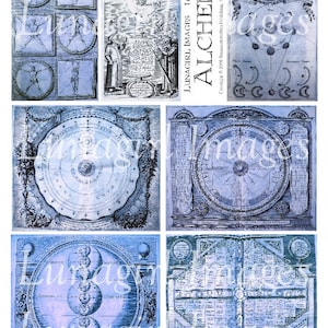 ALCHIMIE en feuille de collage numérique BLEUE, illustrations d'art médiéval steampunk, texte latin, arrière-plans de livres anciens imprimables éphémères TÉLÉCHARGEMENT