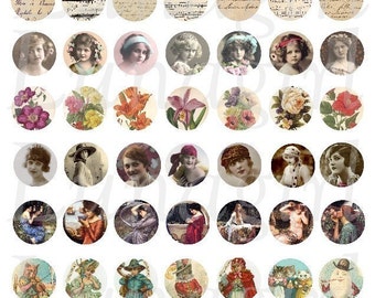 BOTTLECAP PENDANTS digital collage sheet, mini rounds circles charms vintage images, women ladies girls flowers photos art ephemera DOWNLOAD