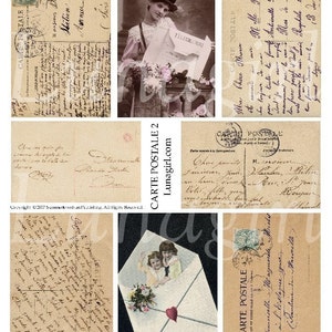 CARTE POSTALE digital collage sheet Vintage Postcards French handwriting text antique letters Victorian images paper Paris ephemera DOWNLOAD