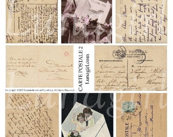 CARTE POSTALE foglio collage digitale Cartoline vintage Testo di calligrafia francese lettere antiche Immagini vittoriane carta Paris ephemera SCARICA