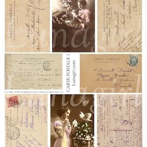 FRENCH WRITING #1, digital collage sheet, Carte Postale vintage images postcards handwriting background letters text Paris ephemera DOWNLOAD