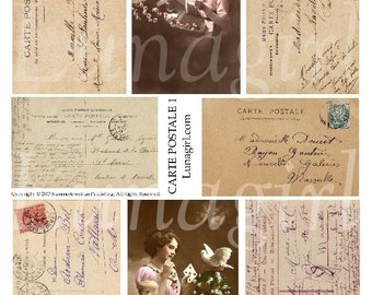 ESCRITURA FRANCESA #1, hoja de collage digital, Carte Postale vintage imágenes postales escritura a mano letras de fondo texto París ephemera DESCARGAR