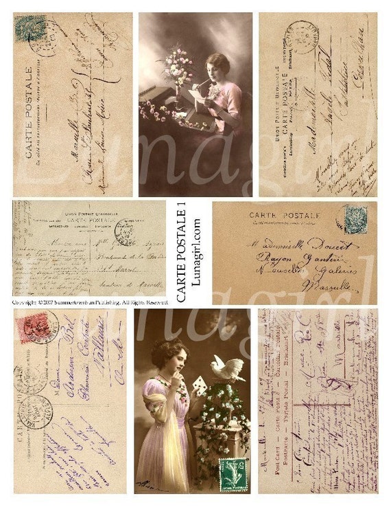 FRENCH WRITING #1, digital collage sheet, Carte Postale vintage images postcards handwriting background letters text Paris ephemera DOWNLOAD