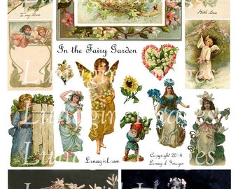 FAIRY GARDEN digital collage sheet, Vintage Flower Fairies, Victorian girls, birds nest, cards photos altered art scraps, Ephemera DOWNLOAD