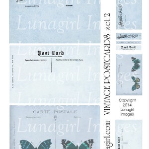 Soft Blue VINTAGE POSTCARDS digital collage sheet printable French Carte Postale backgrounds butterflies wings altered art ephemera DOWNLOAD