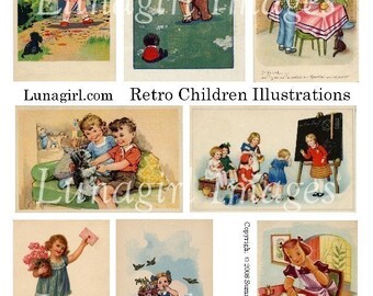 RETRO CHILDREN digital collage sheet, vintage children girls boys, 1950s mid-century illustrations kids books, altered art ephemera DOWNLOAD