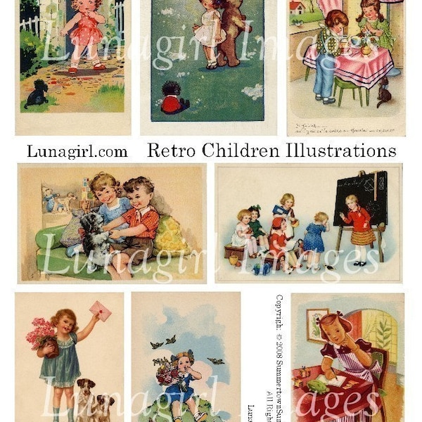 RETRO CHILDREN digital collage sheet, vintage children girls boys, 1950s mid-century illustrations kids books, altered art ephemera DOWNLOAD