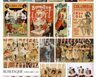 BURLESQUE digital collage sheet, Victorian theater SHOWGIRLS cabaret posters dancers can can girls vintage images pictures ephemera DOWNLOAD