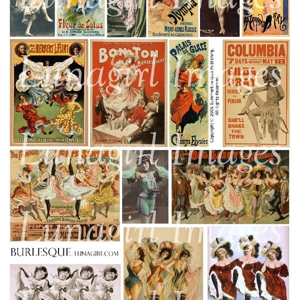 BURLESQUE digital collage sheet, Victorian theater SHOWGIRLS cabaret posters dancers can can girls vintage images pictures ephemera DOWNLOAD