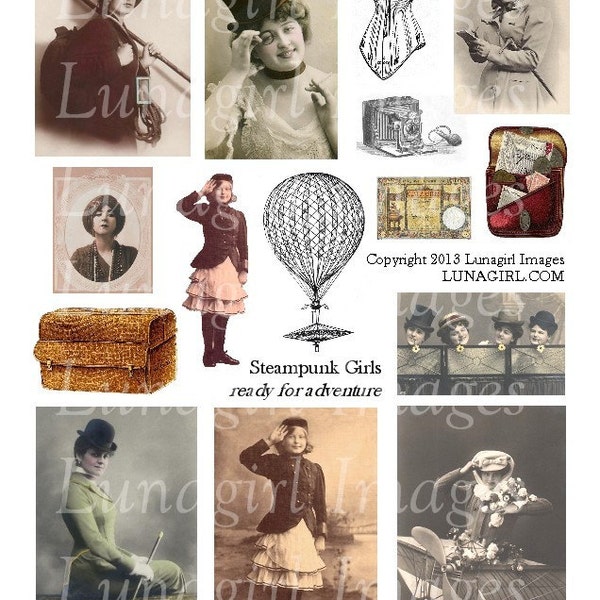 STEAMPUNK FILLES feuille de collage numérique, images vintage femmes victoriennes dames photos, montgolfière monocle, aventure de voyage Ephemera TÉLÉCHARGER