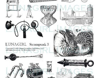 STEAMPUNK OBJECTS digital collage sheet Victorian machines antique medical oddities vintage corset science drawing clipart ephemera DOWNLOAD