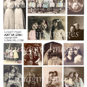 Just Us Girls VINTAGE PHOTOS hoja de collage digital Victorian children ladies sisters friends, printable ephemera altered art images DOWNLOAD