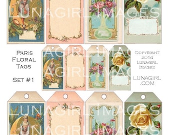 Paris VINTAGE TAGS digital collage sheet, blank French perfume labels, Victorian art postcards fancy frames, shabby paper ephemera DOWNLOAD