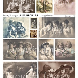 Feuille de collage numérique Just Us Girls VINTAGE PHOTOS, enfants victoriens, dames, soeurs, amis, images d'art modifiées, cartes postales éphémères, téléchargement
