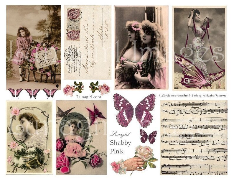 SHABBY PINK ephemera digital collage sheet, Vintage French postcards photos, Paris woman roses music butterflies altered art images DOWNLOAD image 1