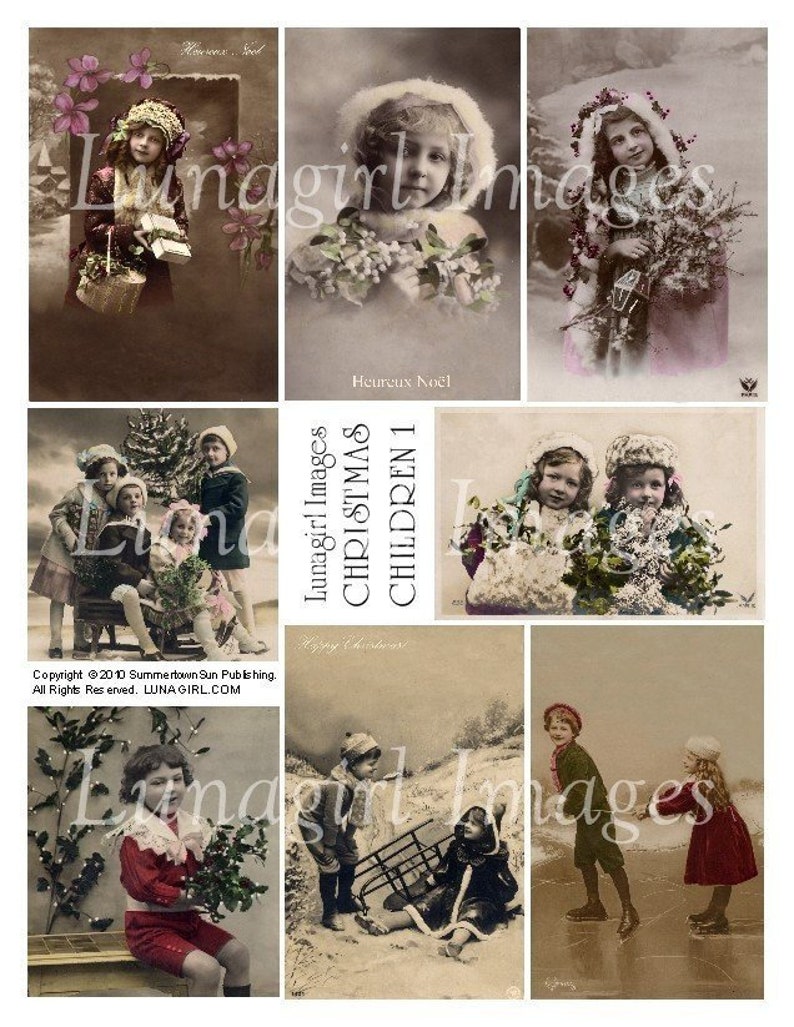 CHRISTMAS CHILDREN digital collage sheet, vintage photos Victorian holidays images snow girls French postcards altered art ephemera DOWNLOAD image 1