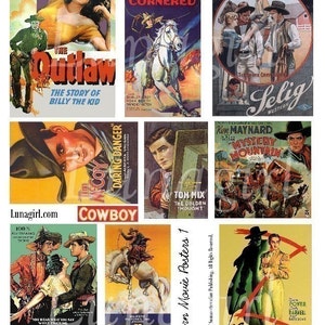 VINTAGE COWBOYS western posters digital collage sheet, retro rodeo Wild West art theater movie posters 1940s 1950s cowboys ephemera DOWNLOAD