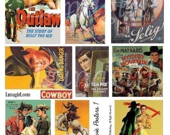 VINTAGE COWBOYS western posters digital collage sheet, retro rodeo Wild West art theater movie posters 1940s 1950s cowboys ephemera DOWNLOAD