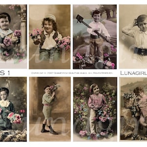 Victorian LITTLE BOYS digital collage sheet, Vintage Photos French postcards, Victorian children with flowers, altered art Ephemera DOWNLOAD
