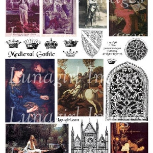 MEDIEVAL GOTHIC digital collage sheet, vintage images, Victorian art, crowns, Joan of Arc paintings, fantasy women altered ephemera DOWNLOAD