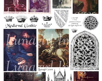 MEDIEVAL GOTHIC digital collage sheet, vintage images, Victorian art, crowns, Joan of Arc paintings, fantasy women altered ephemera DOWNLOAD