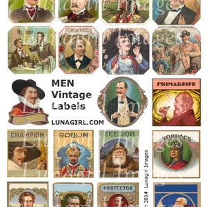 Etiquetas masculinas vintage folha de colagem digital elegante homens vitorianos arte antiga bigode charutos papai cartões de dia dos pais coisas efêmeras vintage DOWNLOAD