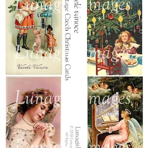 Tarjetas navideñas checas antiguas, hojas de collage digital, ángeles navideños victorianos, postales navideñas antiguas, arte efímero vintage DESCARGAR