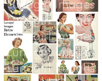 RETRO HOUSEWIVES digital collage sheet, Vintage Images 1950s women kitsch Mid-Century advertising art kitchen housework Fifties Mom DOWNLOAD